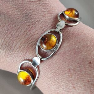 Vintage Baltic Amber Cabochons Hinged Cuff Bracelet